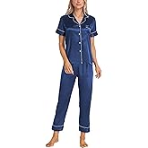 Women's Satin Pajamas Set 2 Piece Pj Set Sleepwear Notch Collar Short Sleeve T-Shirt Button-Down Loungewear with Long Pants