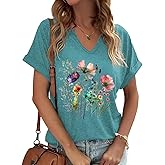 PUCKOLITY Vintage Flowers V Neck Shirt for Women Boho Floral Wildflowers Graphic Tee Casual Cottagecore Summer T Shirt