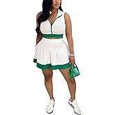 Doweha Summer 2 Piece Skirt Sets for Women Cute Going Out Patchwork Sleeveless Zipper Crop Tops Pleated Short Skort Skirt Set