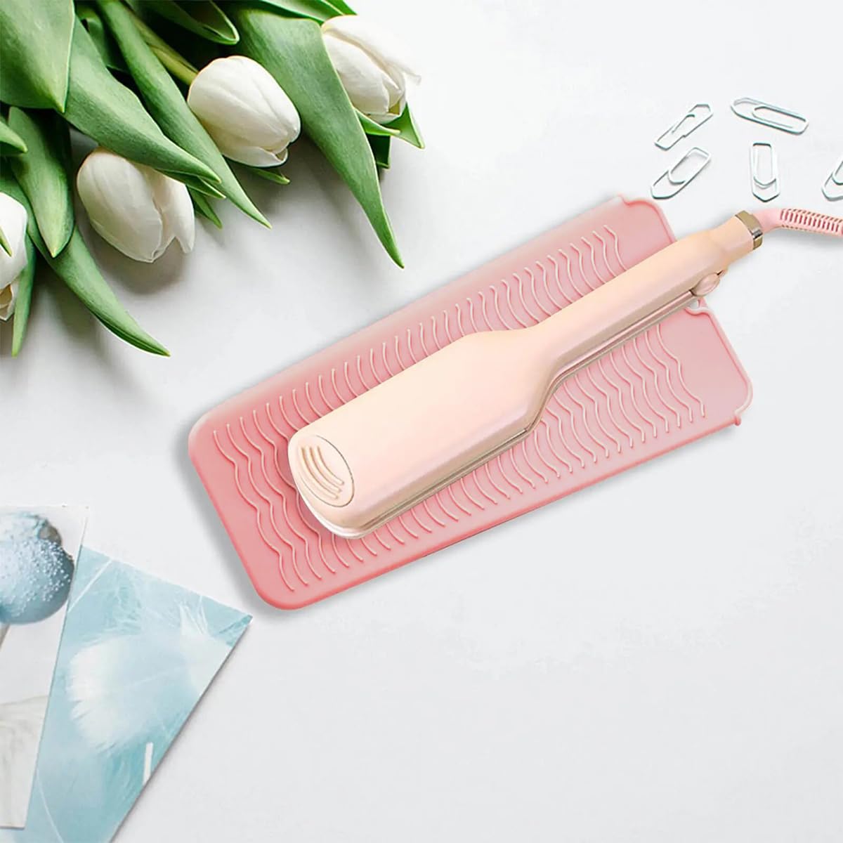 Heat Resistant Silicone Mat with Hanging Hole, Straightener Heat Resistant Travel Mat & Pouch for Curling Iron, Flat Iron and Other Hot Hair Styling Tools, 11 x 5 in, Pink