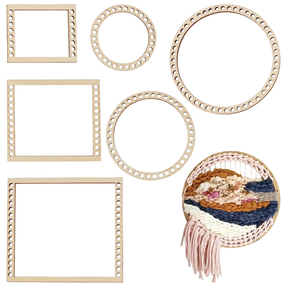 BENECREAT 6Pcs Mini DIY Weaving Loom Kit, Wooden Rectangle and Round Looms for Hanging Decor Woven Tapestry Knitted Crafts Making