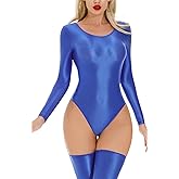 Ausing Women's Shiny Long-Sleeve Leotard Glossy Oil Tights Bodycon Triangle Bodysuit for Nightwear M-XL