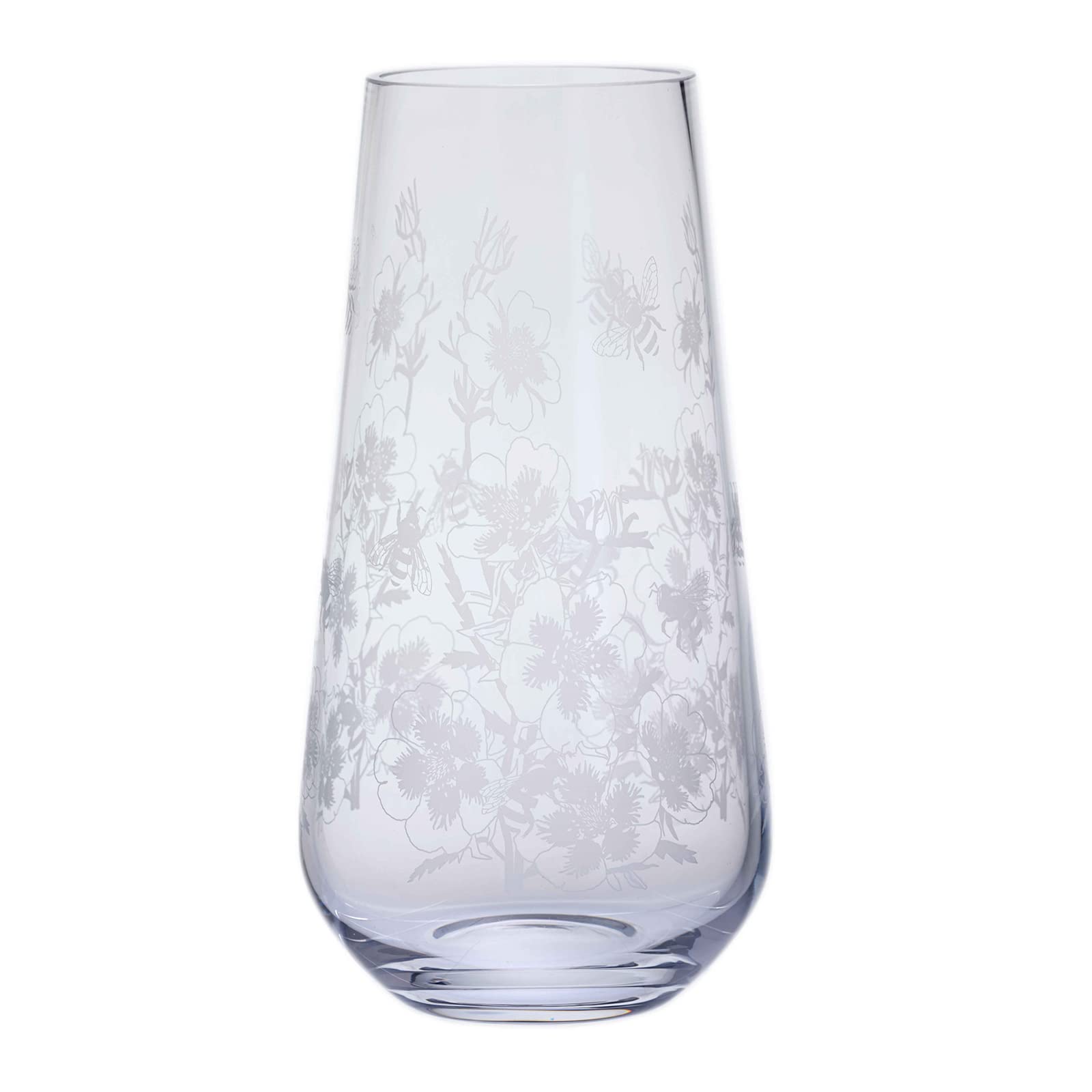 Dartington Crystal Bloom Tapered Vase Bees & Potentilla, Single | Bloom Vase | 260mm (h) x | 136mm (w) | This stunning tapered vase is decorated with Bees & Potentilla