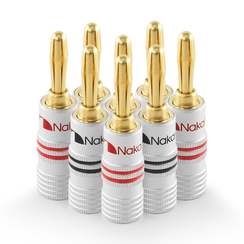 Nakamichi Excel Series 24k Gold Plated Banana Plugs 12 AWG - 18 AWG Gauge Size 4mm for Speakers Amplifier Hi-Fi AV Receiver Stereo Home Theatre Audio Wire Cable Screws Connector 8 Pcs (4-Pairs)
