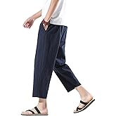 PRIJOUHE Mens Harem Pants Casual Lightweight Loose Fit Capri Pants Linen Beach Pants with Elastic Waistband