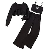 OYOANGLE Girl's 3 Piece Outfit Heart Print Long Sleeve Super Cropped Top and Camisole with Wide Leg Pants Set
