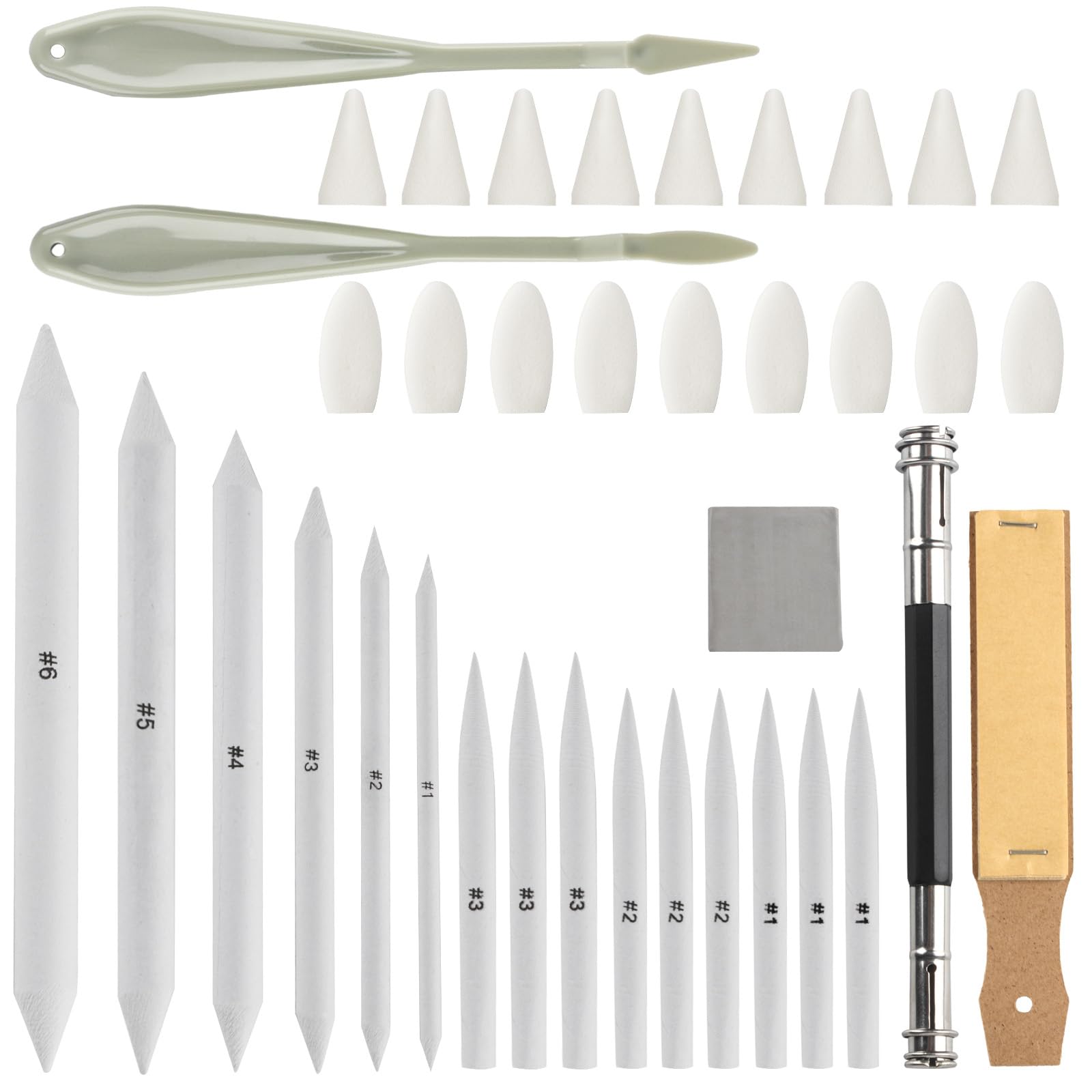 40 Pcs Blending Stumps and Tortillions Set, Sketch Drawing Stumps Pencils Tools, Art Blending Tools Supplies, Include 15 Paper Art Blenders Blending Pencils, 2 Sketch Wiper Set, 1 Kneaded Eraser