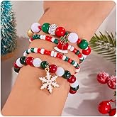 CLOORDE 4 Pcs Christmas Bracelets for Women Stackable Stretch Red White Green Beaded Bracelets Cute Snowflake Jingle Bell Merry Christmas Pendant Charm Bracelets Xmas Party Jewelry Gifts for Her