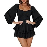 Ahtyeo Women's Casual Off Shoulder Romper Double Layer Ruffle Hem Waist Tie Short Jumpsuits Long Baggy Sleeves Mini Dress