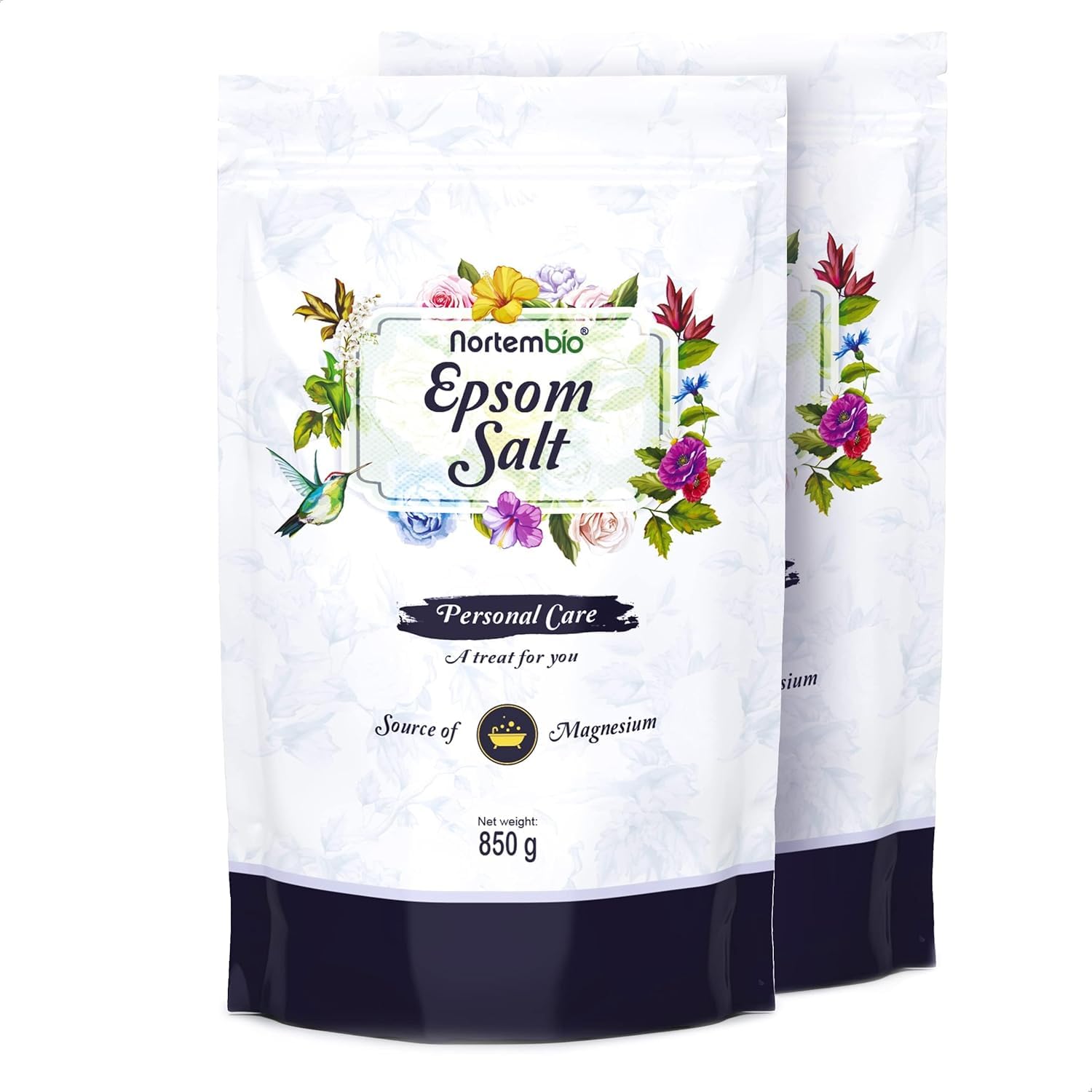 Nortembio 100% Pure Epsom Salt 2 x 850 g – Concentrated Source of Magnesium | for Sensitive Skin | with Hydrating Vitamins C & E | No Additives, Natural External Use + Free E-Book