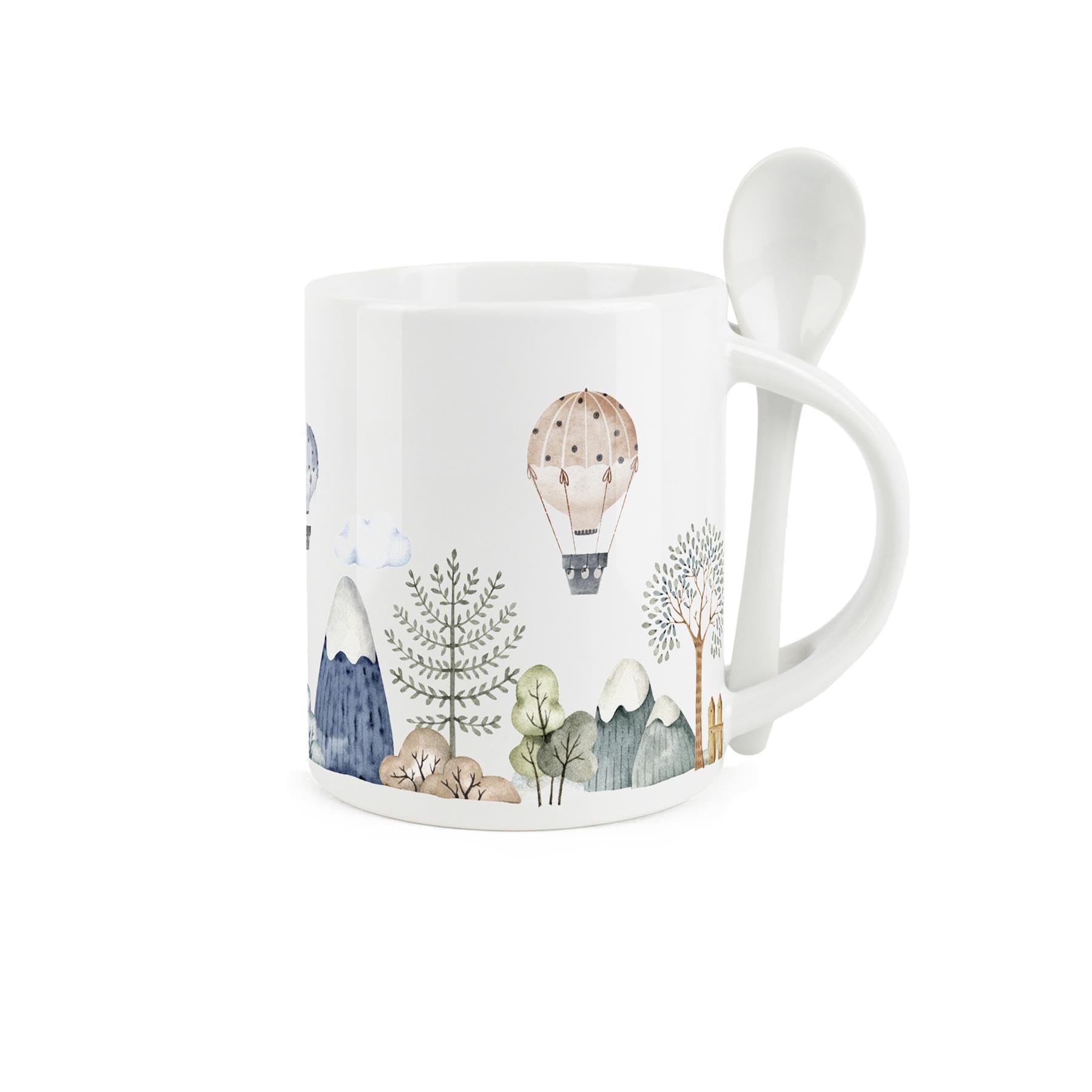 Purely Home Hot Air Balloon Mug and Spoon Set - Fantasy Mountains & Trees - Ceramic White Coffee/Tea Mug with Spoon in Handle