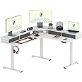 FLEXISPOT L Shaped Standing Desk with Shelf Electric Corner Table, Drawers, Adjustable Computer Workstation for Home, Office,USB Charging Port, 63x55in, White Top + White Frame
