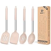 Pack of 4 Silicone Cooking Utensils Set, Non Stick Large Solid Spatulas, Heat Resistant Stainless Steel Khaki Slotted Spoons, Ideal BPA Free Kitchen Turners for Frying, Mixing,Serving,Draining,Turning