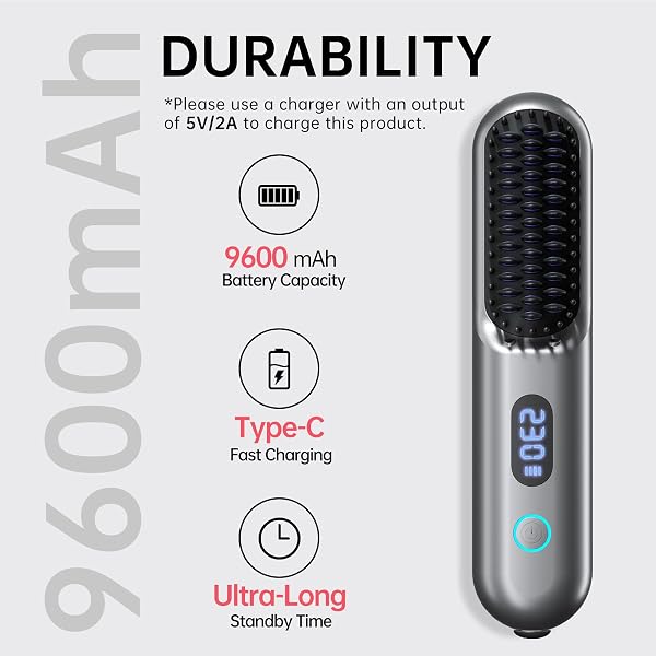 CORDLESS HAIR STRAIGHTENER BRUSH – PORTABLE STRAIGHTENER BRUSH WITH 9 TEMP SETTINGS, MINI STRAIGHTENING COMB FOR TRAVEL, 9600MAH RECHARGEABLE BATT & 224 MILLION NEGATIVE IONS (METALLIC GREY)