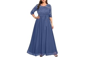 PINUP FASHION Women's Plus Size Lace Chffon Long Maxi 3/4 Sleeve V-Back Formal Dress