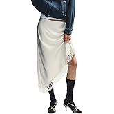 Women Satin Lace Trim Long Skirts Elastic Waist Asymmetric Hem Midi Skirts Lace Half Slip Maxi Skirts Streetwear