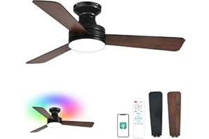 Orison Ceiling Fans with Lights 42 Inch, Low Profile Flush Mount Ceiling Fan, RGB Backlight & Dimmable Lighting, Remote & App Control, 6 Speeds, 3 Reversible Blades, Black/Wood