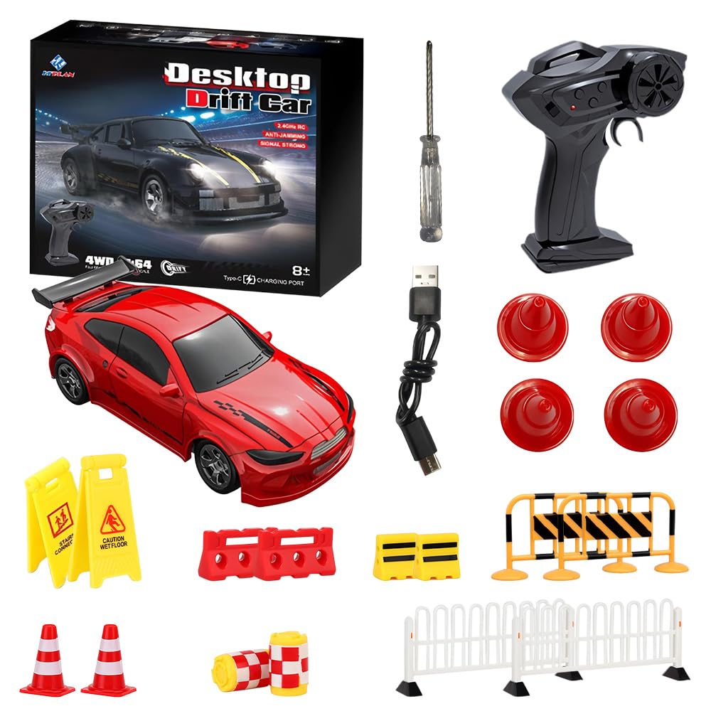 CLIUNT Mini RC Drift Car 1:64, 15KM/H 4WD Racing Drifting Car for Adults Kids, 2.4GHz Remote Control with Traffic Cones&LED Lights, Drift RC Cars for Kids' Gifts and Toys