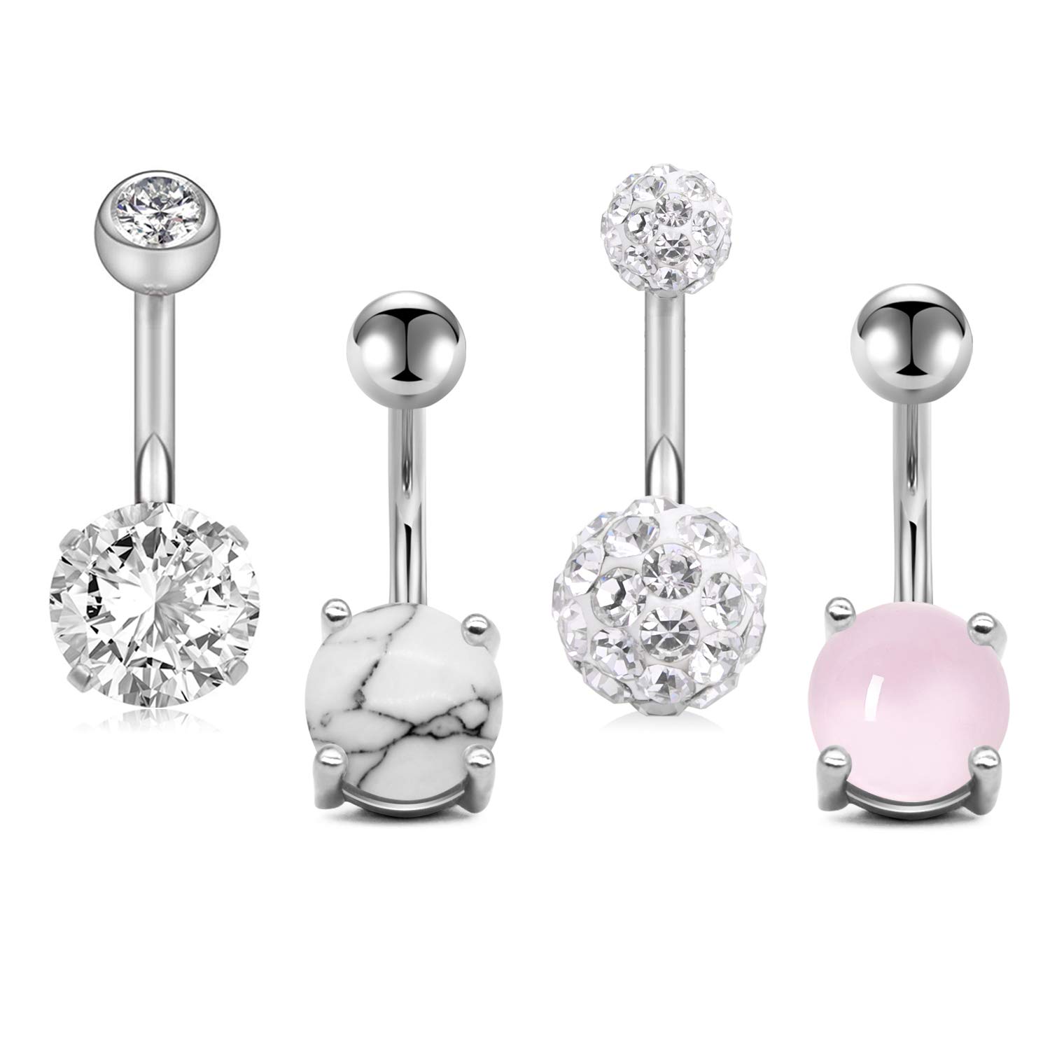 JFORYOU 4Pcs Belly Button Rings Stainless Steel 14G Fake Crystal CZ Navel Rings Barbells Belly Bar Women Girls Body Piercing Bar Length:10mm