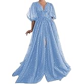Women's Sparkle Starry Tulle Prom Dresses Puffy Sleeve Evening Gowns Long Slit Formal Party Dress with Pockets