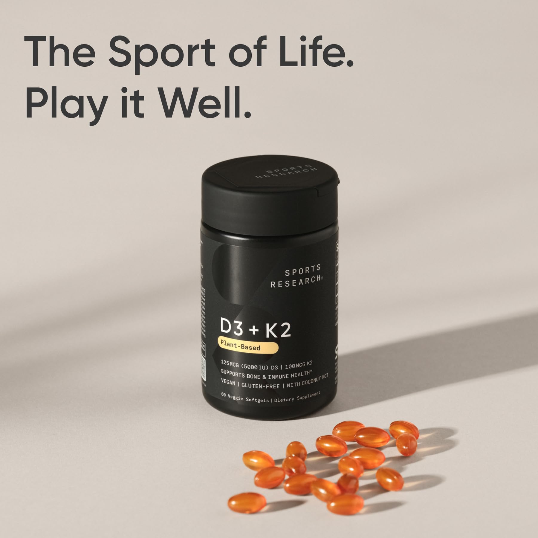 Sports Research® Vitamin D3 + K2 w/ Coconut Oil - Vegan Vitamin D 5000iu & Mk7 Vitamin K 100mcg for Bone & Immune Support - Vegan Certified · Non-GMO · Soy Free - 60 Softgels