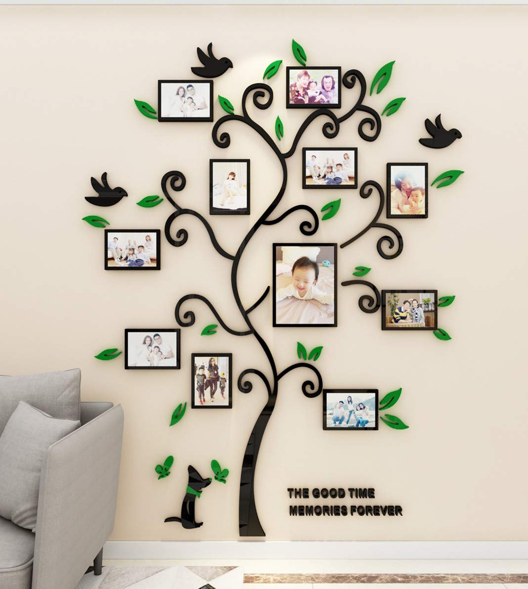 3D Tree Wall Stickers DIY Large Family Photo Frames Tree Cat Wall Decal Art Murals Tree Sticker for Living Room Bedroom Restaurant Home Decor(Green,XL: 195 * 156cm)