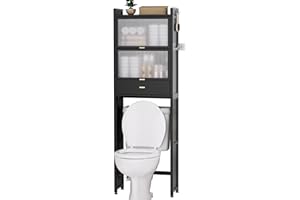 Cozivolife Over The Toilet Storage Cabinet with Drawer and Flip Door,Bamboo Bathroom Organizer Shelf with Anti-Tip Design and Waterproof Feet Pad,Freestanding Rack Above Toilet Space Saver (Black)