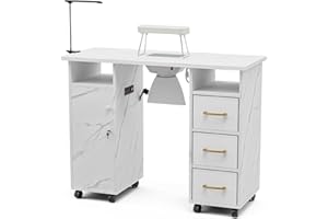 Paddie Manicure Table Nail Station with Power Outlets, Marble Grained Nail Tech Table Nail Table Station w/Dust Collector, Non-Woven Drawers, Desk Lamp & Wrist Cushion(White)