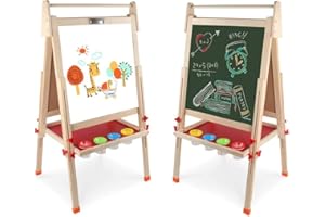 AOMOLA Kids Wooden Art Easel Double-Sided Whiteboard and Chalkboard Adjustable Standing Easel with Paper Roll Holder,Letters and Numbers Magnets and Other Accessories Gift for Kids Toddlers Boys and Girls