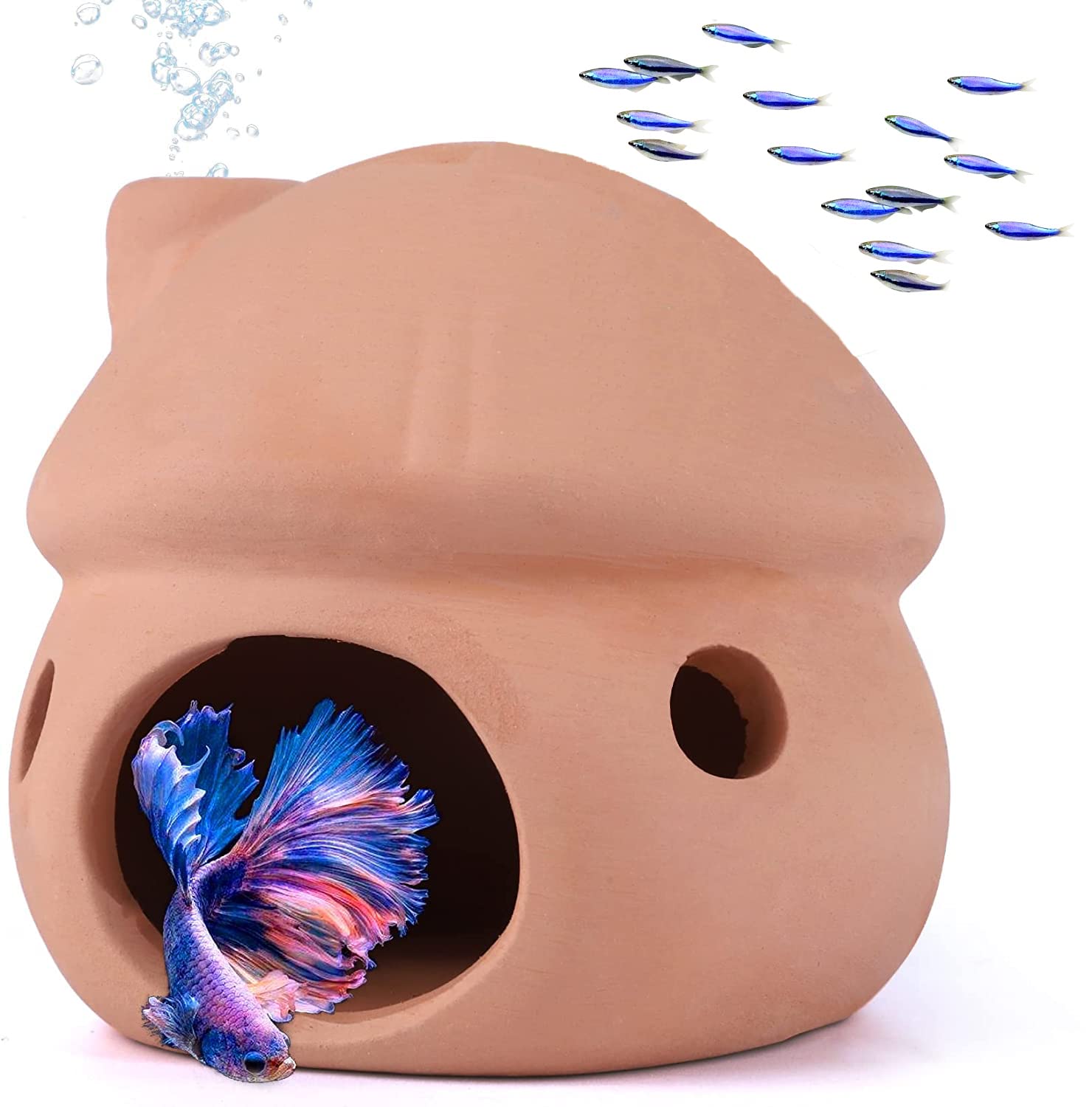 Mushroom House Aquarium Decor, Ceramic Betta Fish Tank Accessories, Goldfish Hideout Hideaway Spawning Cave Shrimp Toad House Betta Bed Aquarium Decorations Pleco Cave(Orange)