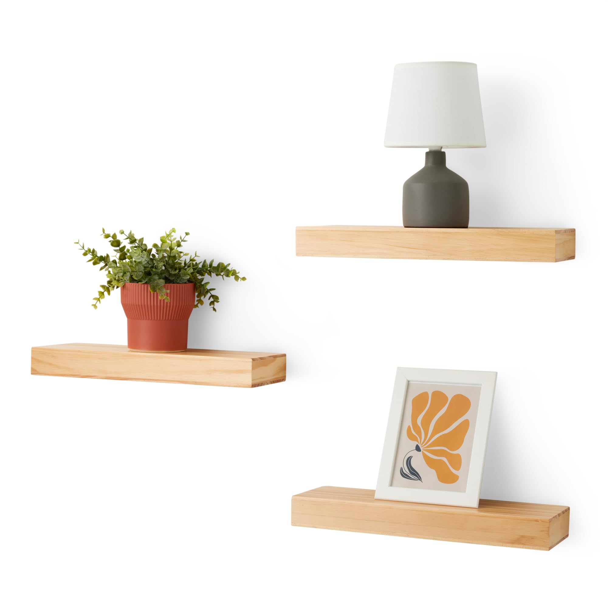 Photo 1 of Amazon Basics Wood Floating Wall Shelves, Pack of 3, Pine, 15.8" x 5" x 1.8"