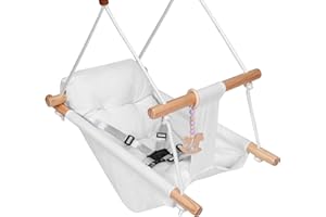 RENGUE Outdoor Indoor Baby Swing, Wooden Canvas Baby Hammock Swing for Baby to Toddler with a Comfortable Seat, Gift for Baby Boys Girls (White)