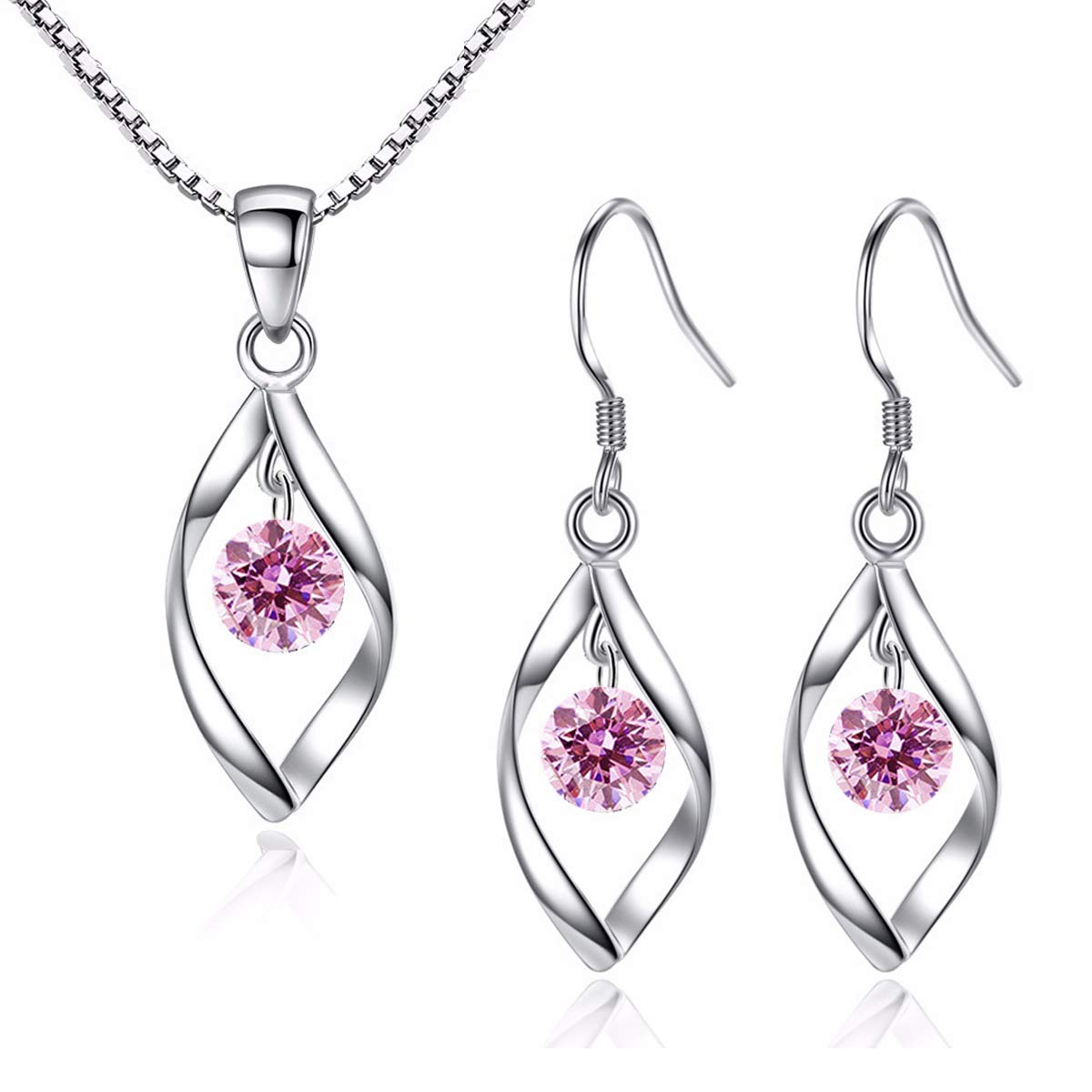 Zolkamery Silver Jewellery Set for Women, 925 Sterling Silver Women's Jewellery Sets with Pink Zirconia, Fashion Twist Pendant Necklace & Hook Dangle Earrings Set, Gift for Wife on Valentine’s day