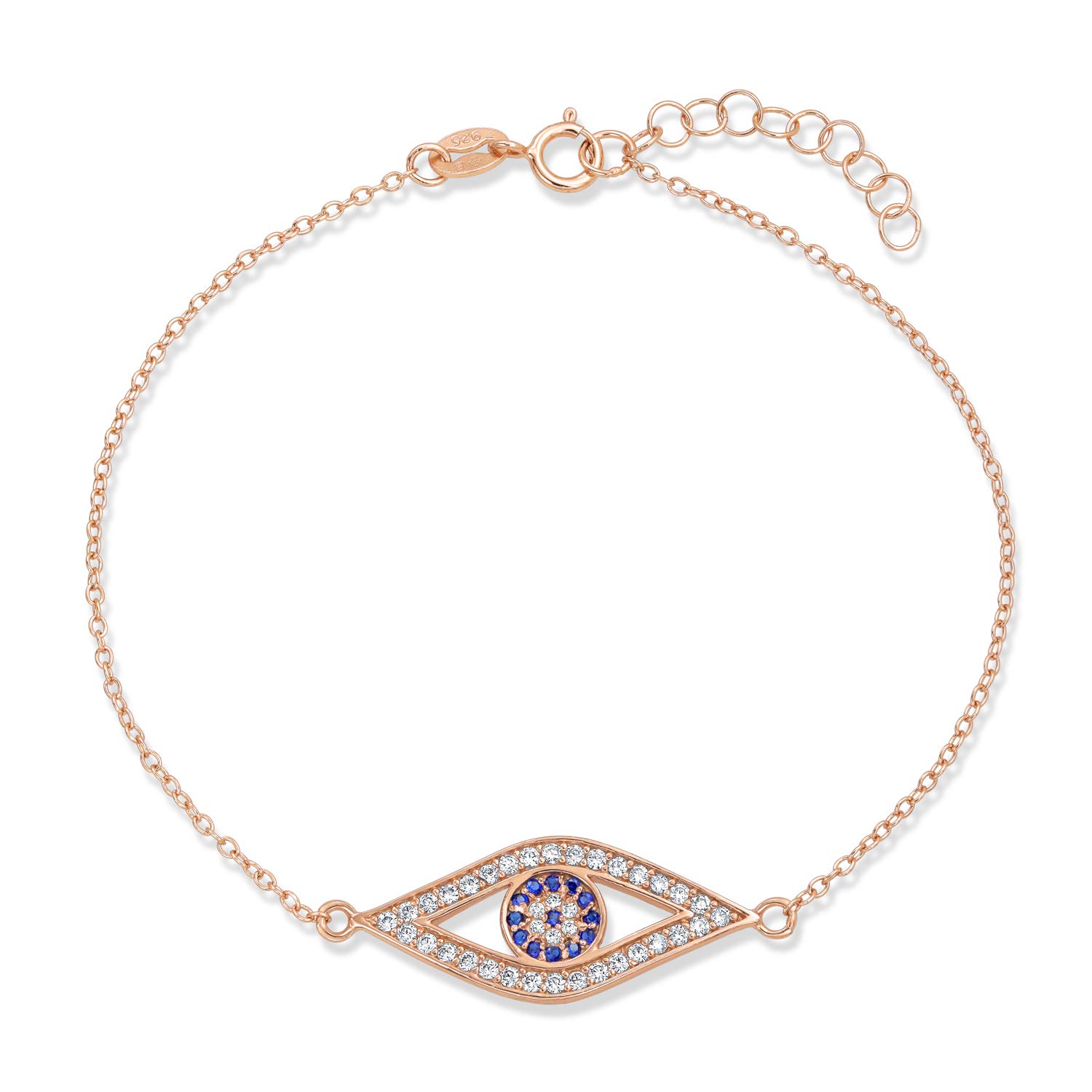 Delicate Minimalist Cubic Zirconia Pave CZ Navy Blue Evil Eye Charm Bracelet For Teen Women Rose Gold Plated .925 Sterling Silver 7-8 Inch Adjustable Made In Turkey