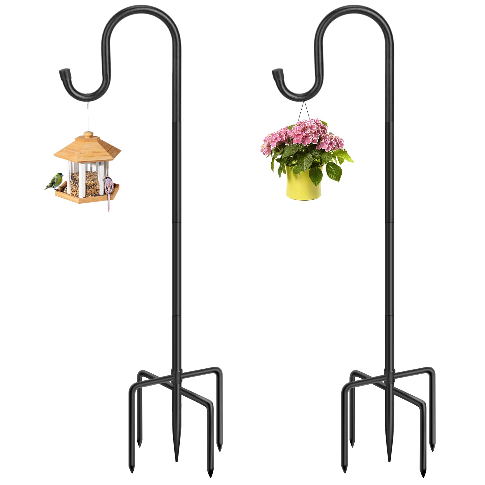 Photo 1 of 36 Inch Shepherds Hooks for Outdoor, Heavy Duty Bird Feeder Pole with 5 Prong Bases, Garden Hanging Stake for Bird Feeder, Solar Light, Plant Hanger, Wedding Decor, Metal Hanger Hooks, Black, 2 Packs