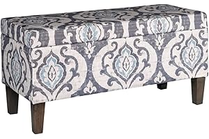 HomePop Large Upholstered Rectangular Storage Ottoman Bench with Hinged Lid, Slate Damask