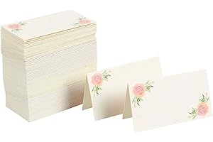 Floral Table Place Cards - 100 Piece Rose Tent Cards, Table Decorations and Party Supplies for Romantic Wedding, Banquets, Br