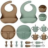 JELLDJK Silicone Baby Feeding Set, 18PCS Baby Led Weaning Supplies, Eating Essentials Utensils with Suction Plate and Bowl, Adjustable Silicone Bib, for 6+ Months (Green+Brown)