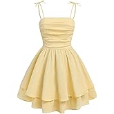 Verdusa Girl's Bow Tie Shoulder Sleeveless Princess Dress Ruched Tiered Layered Summer Dresses