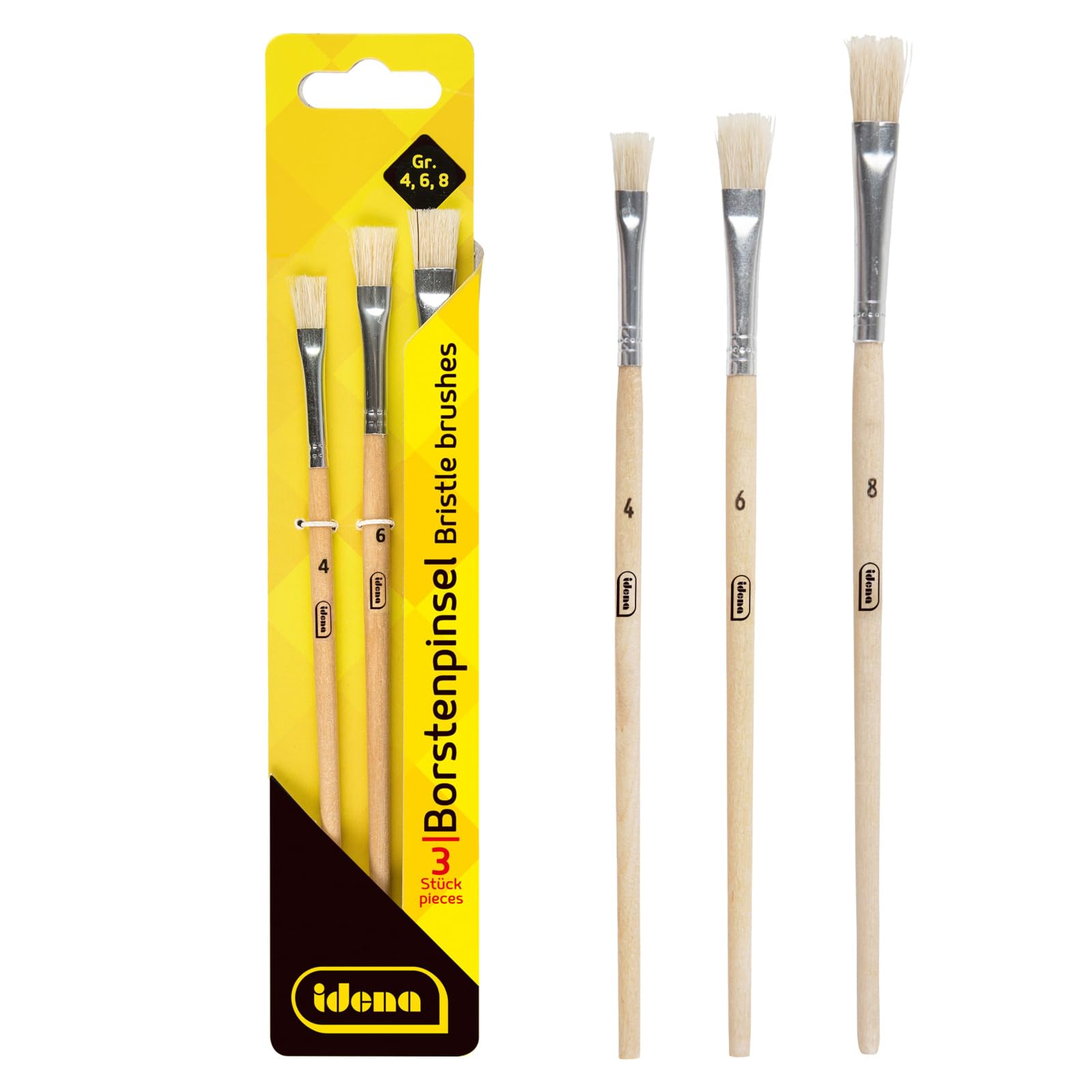 Idena 60105 Bristle Brushes, Set of 3, in sizes 4, 6 and 8