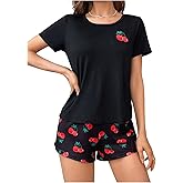 SweatyRocks Women's Loungewear Sets Cherry Graphic Printed Tee and Shorts Pajamas Sets