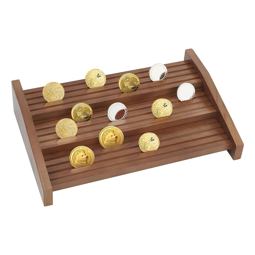 FINGERINSPIRE 3-Tier Wood Challenge Coin Display Holder Holds 90-100 Coins 12 Rows Camel Military Coin Rack Army Coin Display Stand Police Coin Display Rack Case for Collectors Coins Display Stand