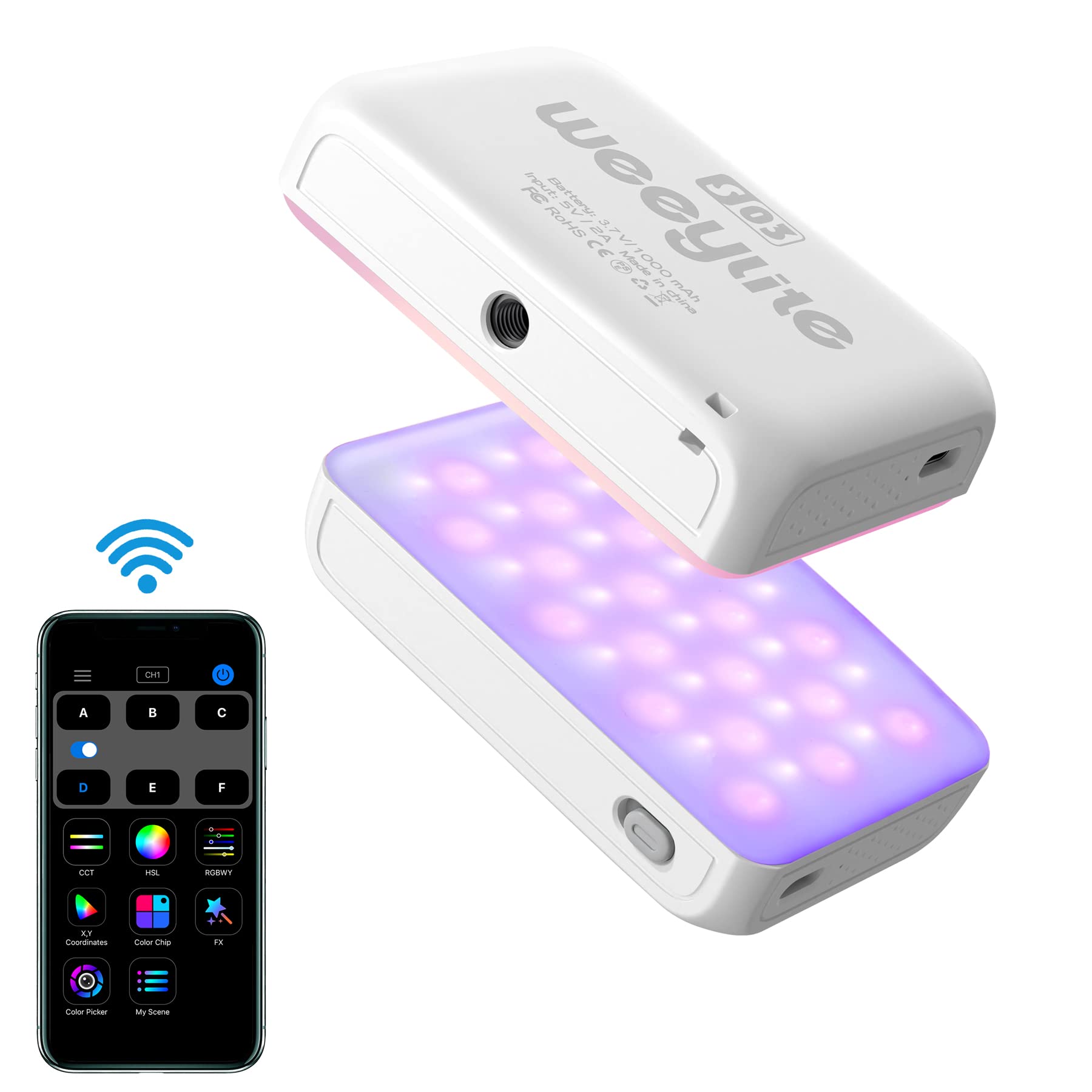 Weeylite S03 Mini RGB Video Lights,Bluetooth APP Control Portable LED On-Camera Photography Light,360° Full Color Rechargeable CRI 95+ 2800-6800K Dimmable Panel Lamp with Cold Shoe -White