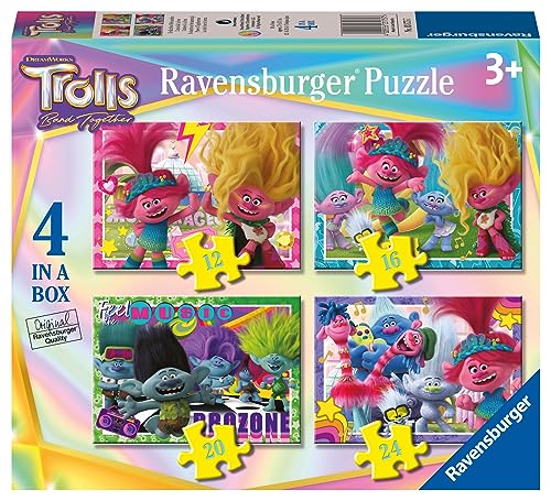 Ravensburger - Puzzle Trolls 3, Collezione 4 in a Box, 4 puzzle da 12-16-20-24 Pezzi, Età Raccomandata 3+ Anni
