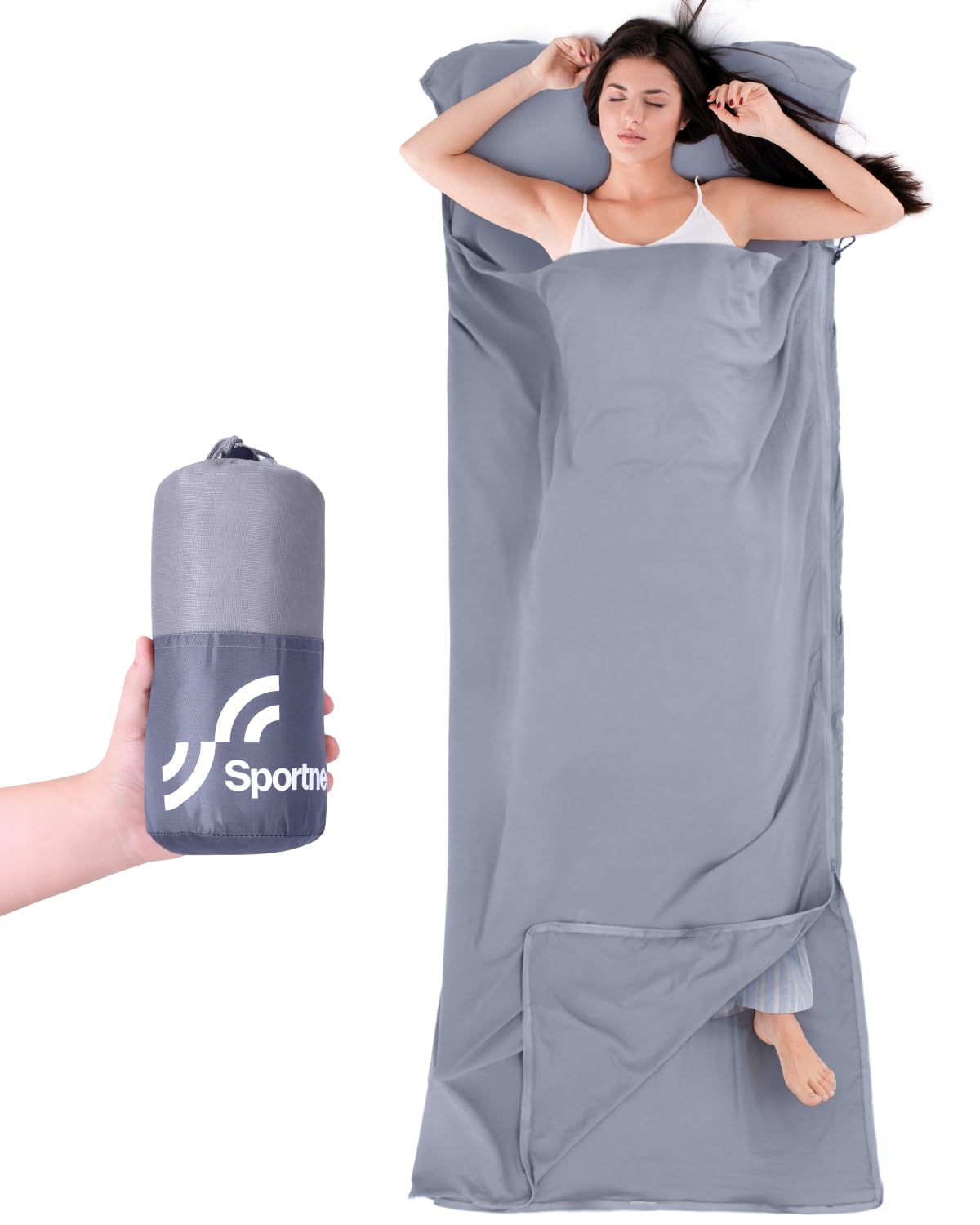Sportneer 2 in 1 sleeping bag, sleeping bag and travel bag (450 g) with full zip and cushion compartment, ideal for hiking,