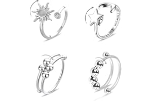 ROPAKED 4 PCS Spinner Ring For Women Fidget Rings Adjustable Relief Fidget Spinner Ring Sun Moon Star Bead Rotatable Fidget R
