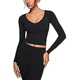 INGIA Womens V-Neck Long Sleeve Workout Crop Tops Slim Fit Padded Athletic Shirts Casual Yoga Gym Tops