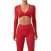 SUUKSESS Women 2 Piece Workout Sets Long Sleeve Twist Deep V Crop Padded Tops Yoga Leggings with Side Pockets