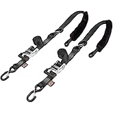 PowerTye 1.5in x 7ft Fat Strap Deluxe Ratchet Tie-Downs w/Sheepskin Soft-Tye, Latch Hooks - 1,000 lb. W.L.L. / 3,000 lb. Breaking Strength - Made in USA - Black (Pair)