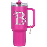 Tswofia Personalized 40 oz Monogrammed Tumbler with Handle & Flip Straw, 100% Leak Proof stainless steel Insulated Tumbler, Customized Initial Funny Gifts for Women Mom Sisters Coworker, B